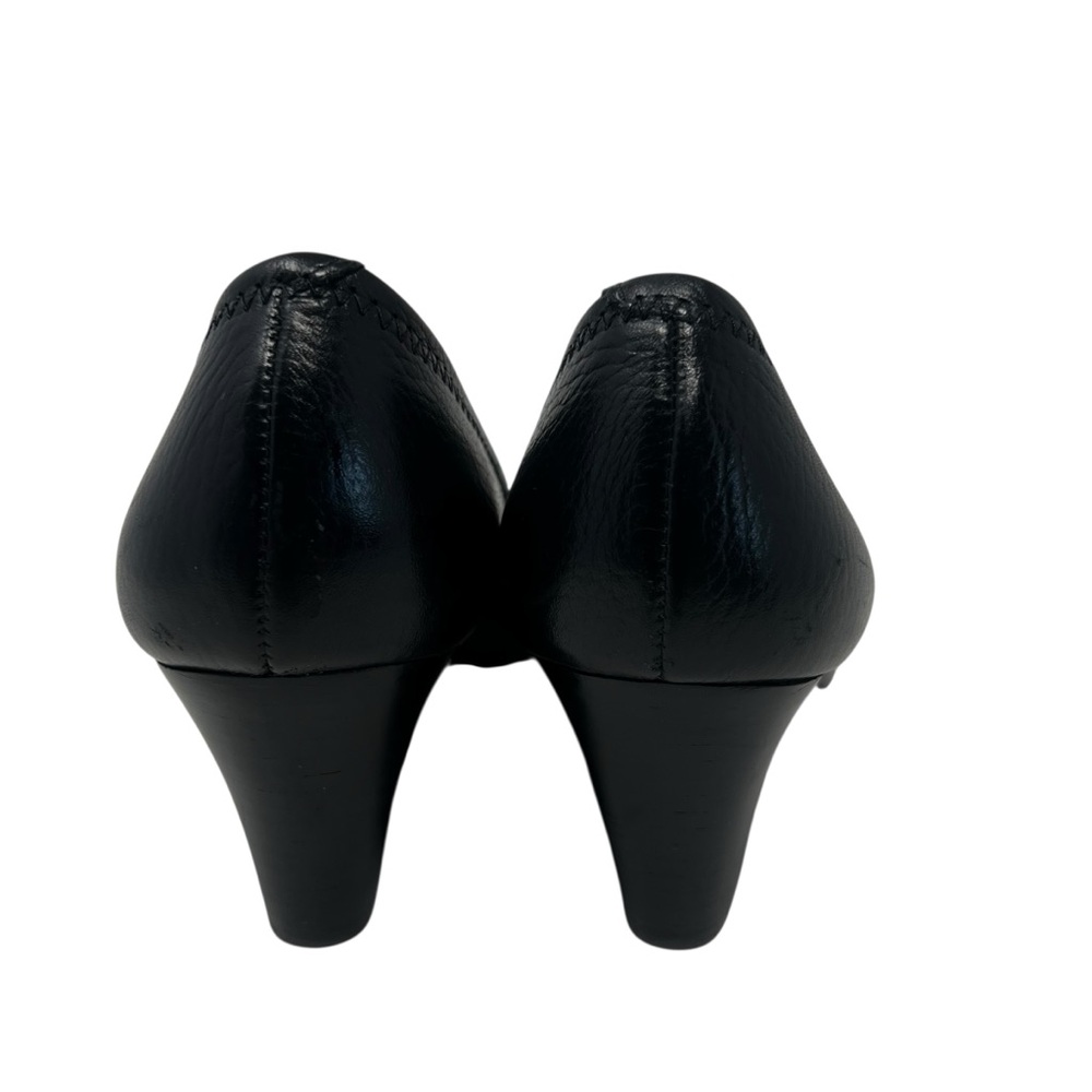 Tory Burch Black Leather Peep-Toe Wedge with Silver Logo - Picture 7 of 10